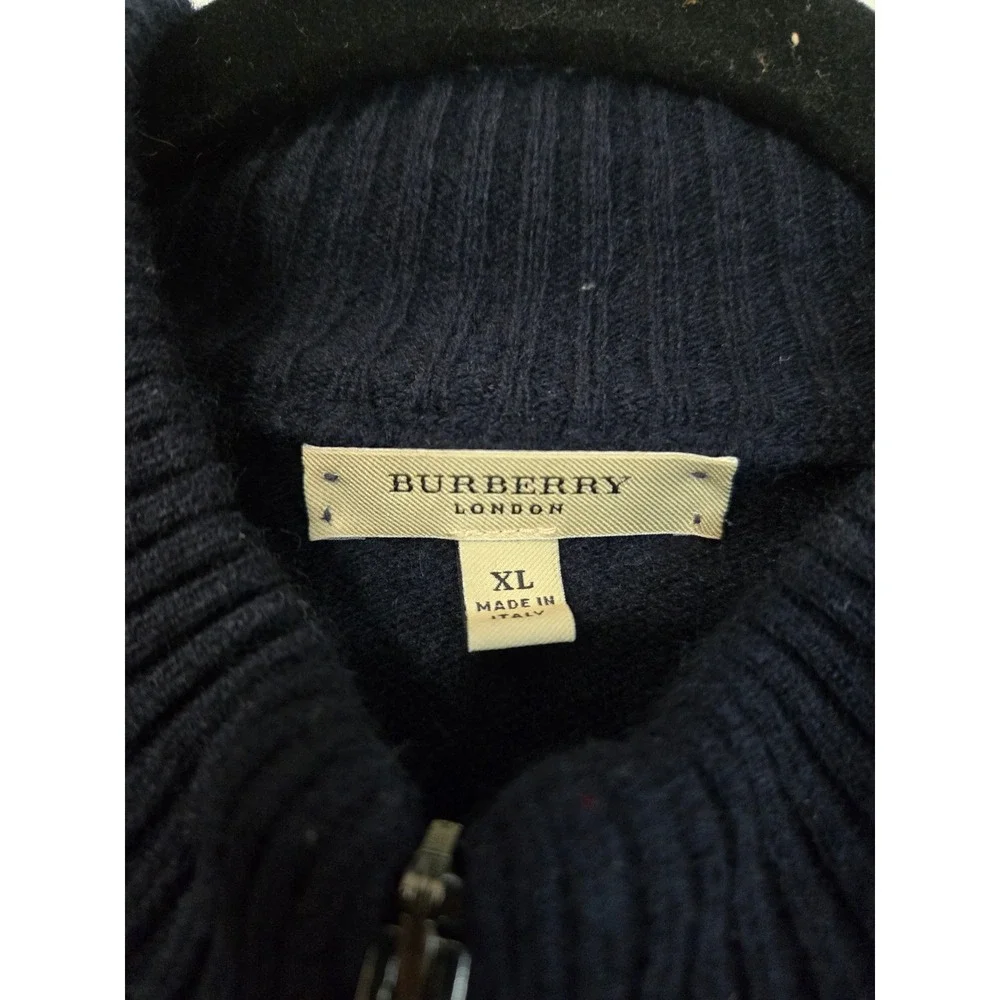Burberry London Mens XL Full Zip Mock Neck Sweater Navy Blue 100% merino Wool